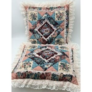 Vintage Patchwork Quilt Throw Pillows Lace Ruffle Floral Cottagecore Pair 16X16"